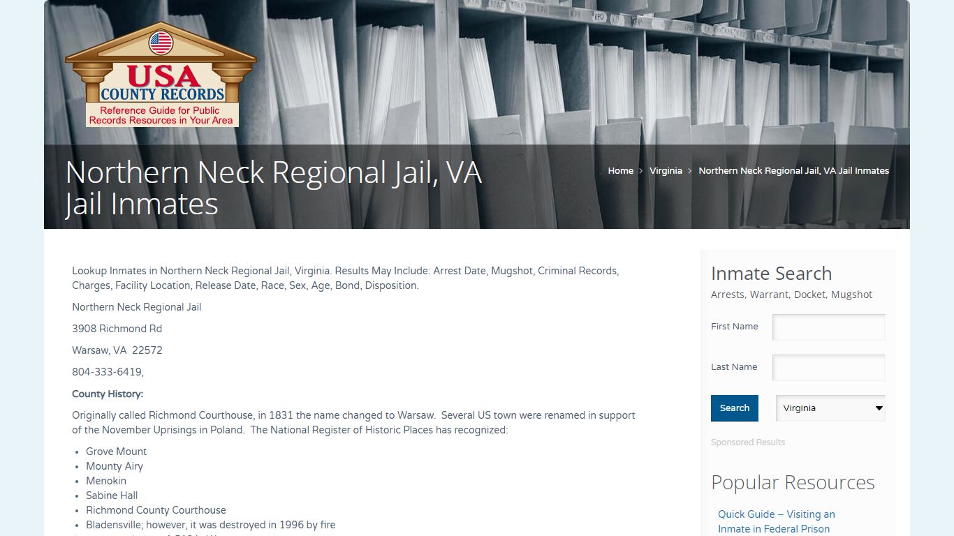 Northern Neck Regional Jail, VA Jail Inmates | Name Search